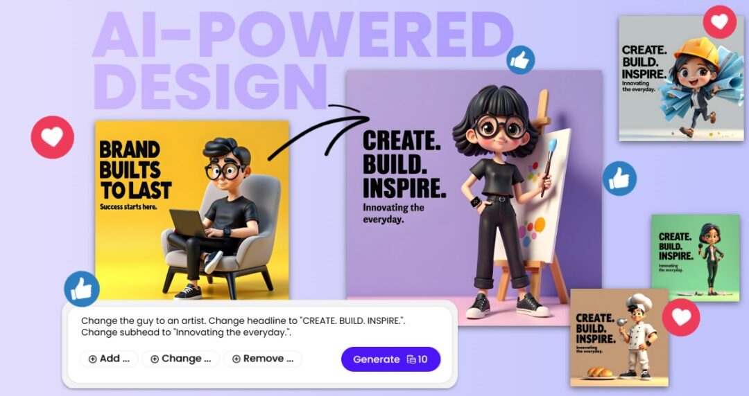 A cartoon-style interface shows AI-generated characters and templates, highlighting how users can customize visual designs with AI-powered tools.
