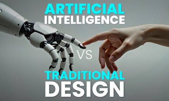 A robotic hand and a human hand reach toward each other, symbolizing the contrast between artificial intelligence and traditional design methods.