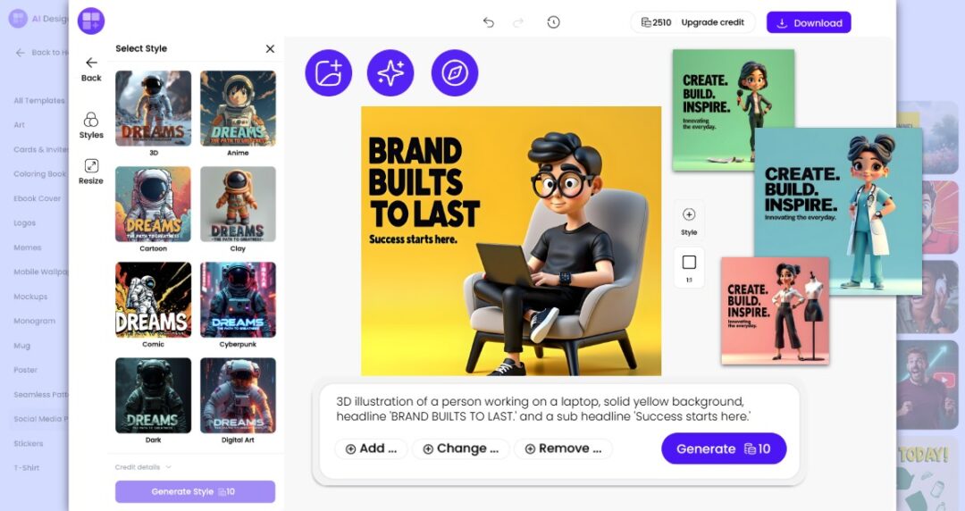 AI design tool dashboard with a 3D character, yellow branding poster, and style options like anime, cartoon, and cyberpunk.