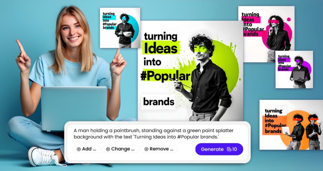 A creative workspace vibe: woman on laptop pointing at edgy brand visuals with punchy text and painted faces.