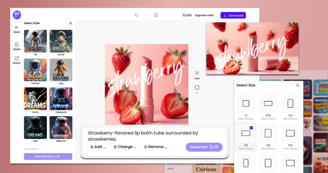 A vibrant design interface showcases a strawberry lip balm ad, with selectable styles, sizes, and AI-generated visuals in a polished creative workspace.