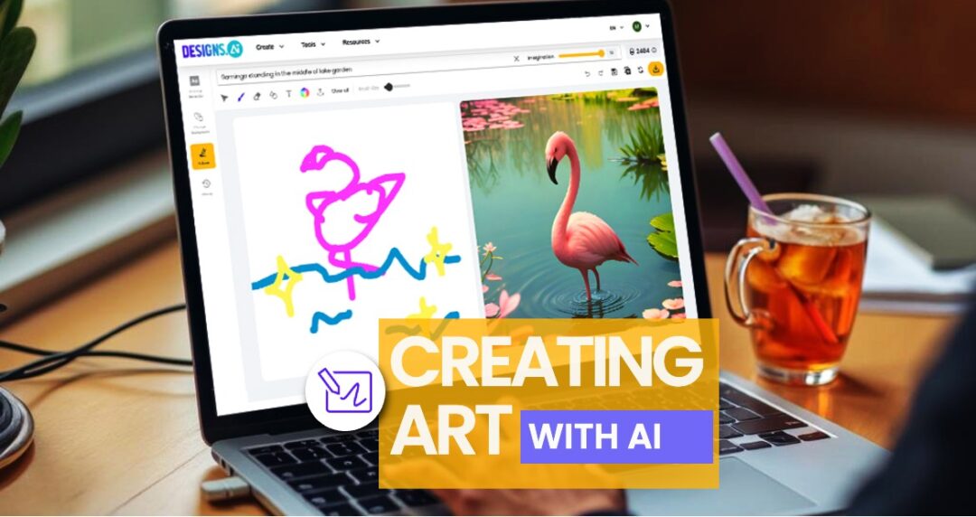 A laptop displaying the text "DESIGNS.CO CREATING ART WITH AI" on its screen, alongside a drink positioned nearby. The setting is indoors.