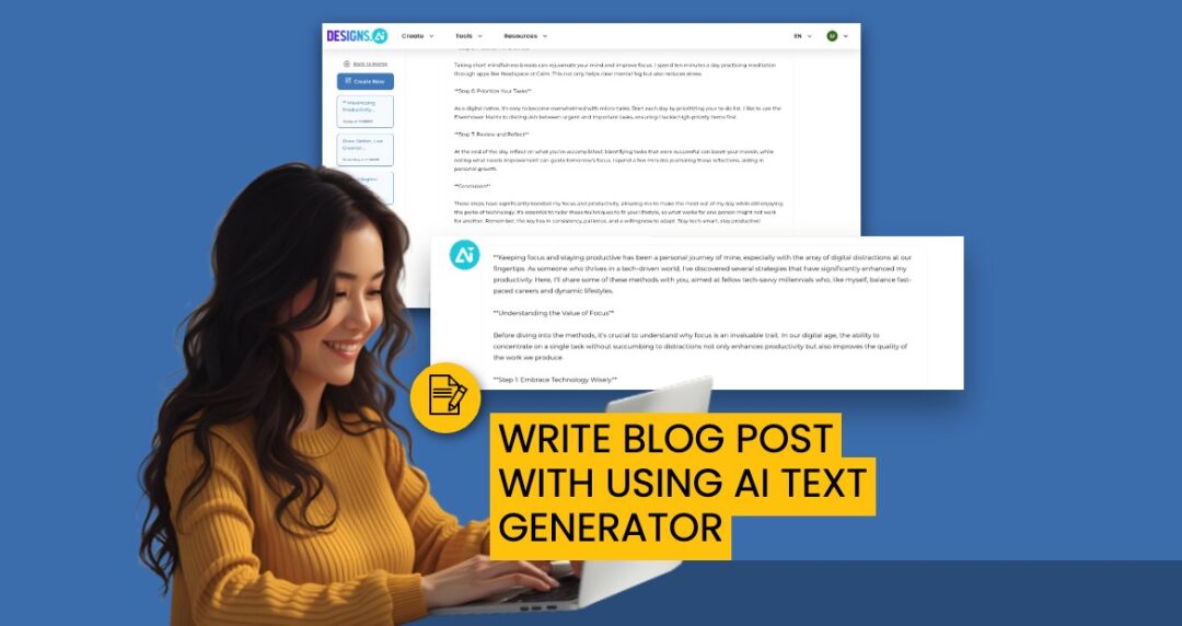 A graphical user interface displaying a text messaging application. The interface includes a section labeled "WRITE BLOG POST WITH USING AI TEXT GENERATOR" and showcases a chat or text message format. The design elements suggest interaction in a digital environment, typical of communication applications.