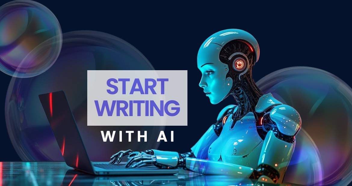 A cartoon-style graphical user interface featuring the text "START WRITING WITH AI," alongside a human face, resembling a screenshot.