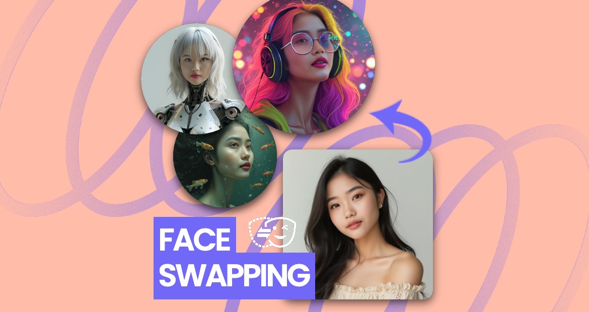 A graphical user interface displaying an application for face swapping, featuring a smiling woman with a pink background.