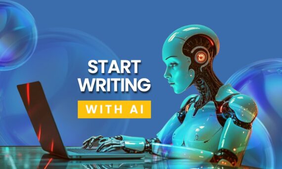 A cartoon-style graphical user interface featuring the text "START WRITING WITH AI," alongside a human face, resembling a screenshot.