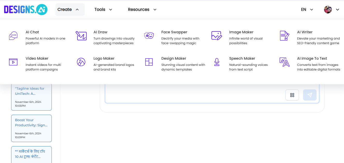 Choose AI Writer in designs AI
