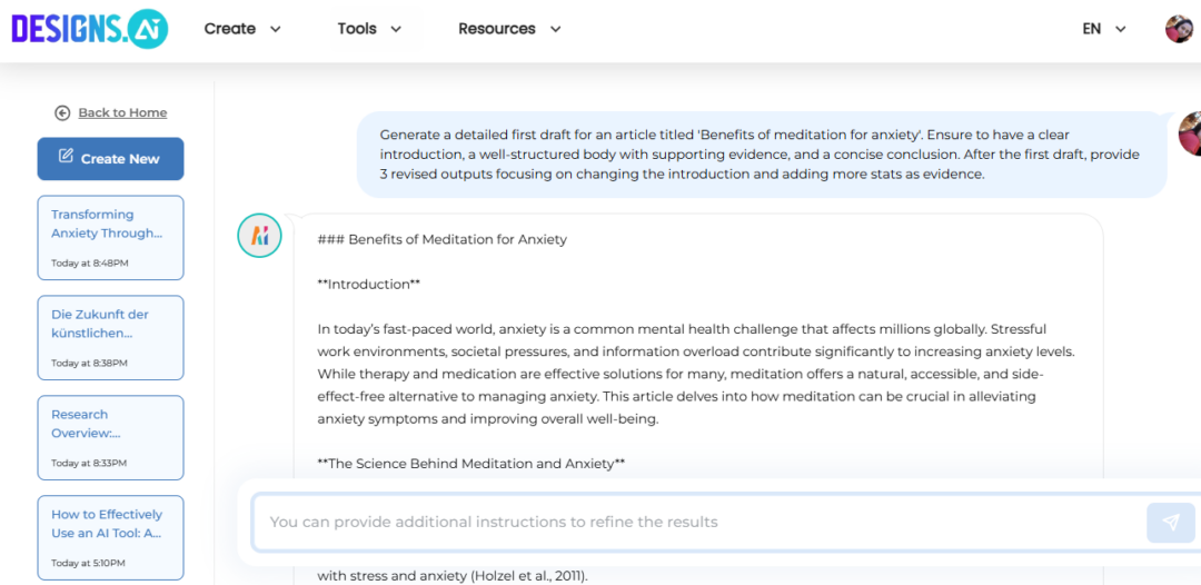 Writing First and Subsequent Drafts with Designs AI