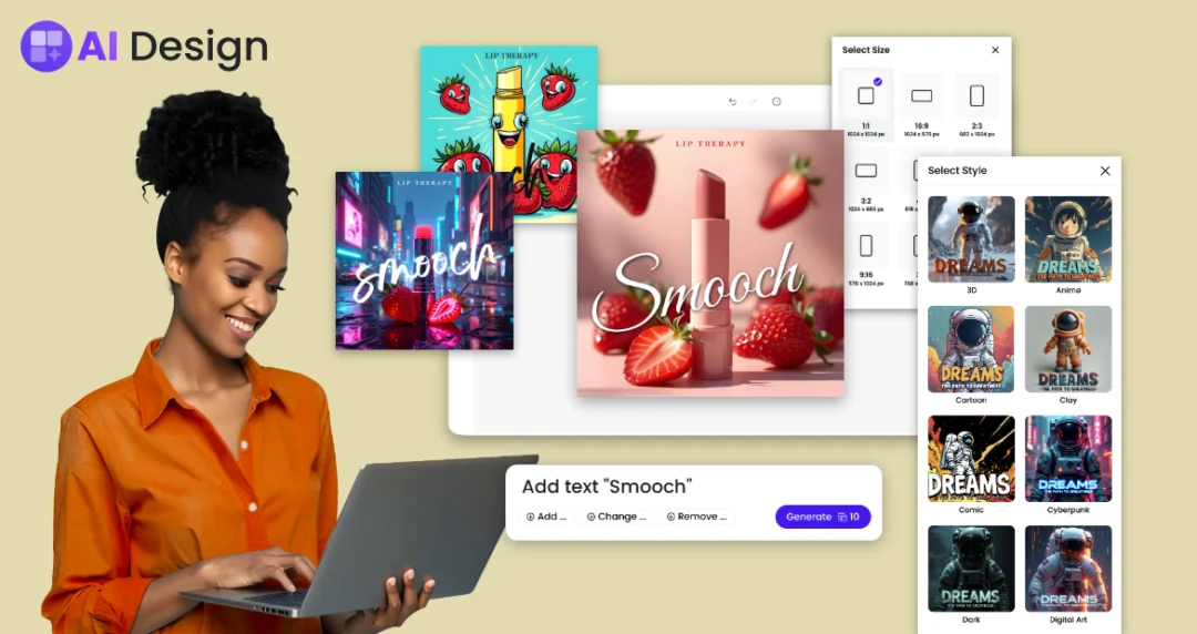 Smiling woman uses AI design tool to create lipstick ad visuals, with style and size options, showcasing creative possibilities across formats.