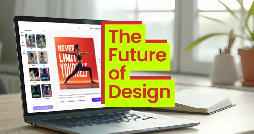 A laptop on a desk displays AI Design tool with a motivational poster, overlaid with bold text reading "The Future of Design" in red and neon green