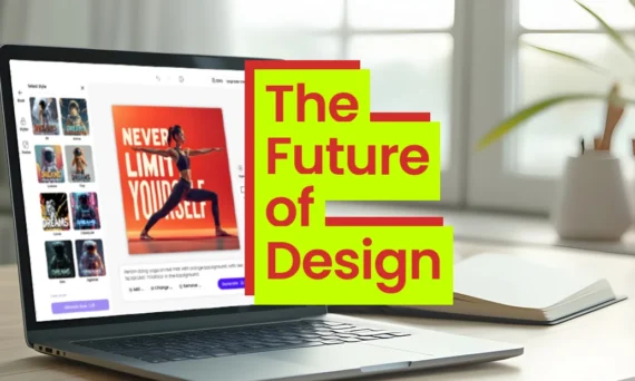 A laptop on a desk displays AI Design tool with a motivational poster, overlaid with bold text reading "The Future of Design" in red and neon green