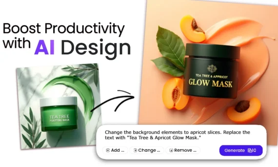 AI design tool edits a Tea Tree Purifying Mask Image. Changes include apricot background, updated product name to Tea Tree Apricot Glow Mask, and interactive buttons.