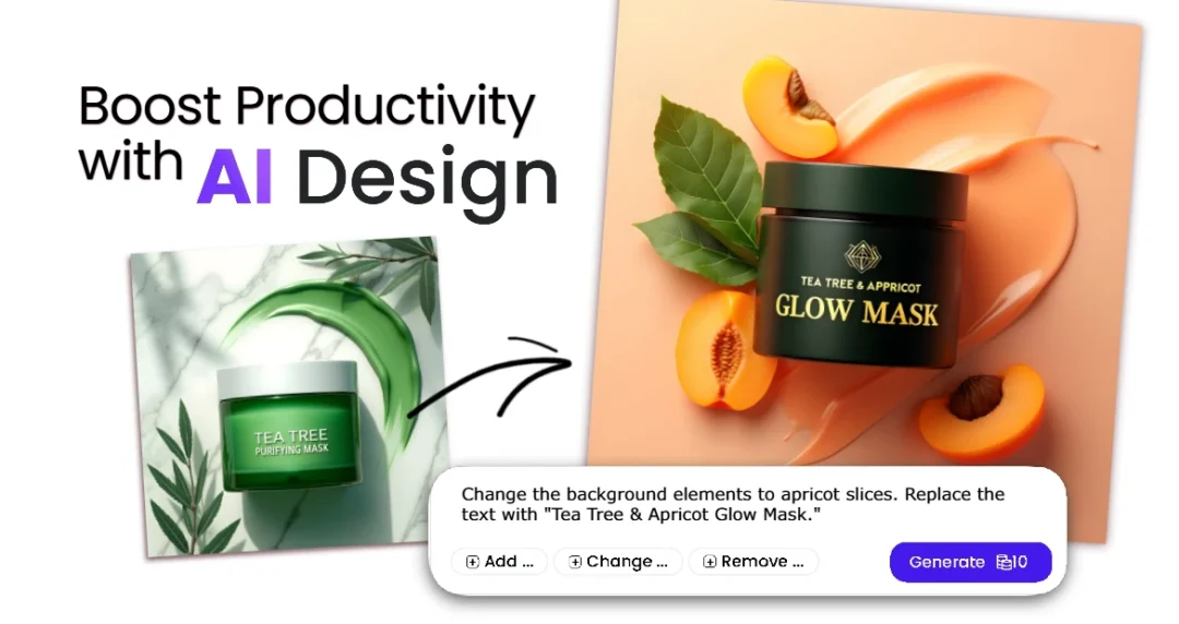 AI design tool edits a Tea Tree Purifying Mask Image. Changes include apricot background, updated product name to Tea Tree Apricot Glow Mask, and interactive buttons.