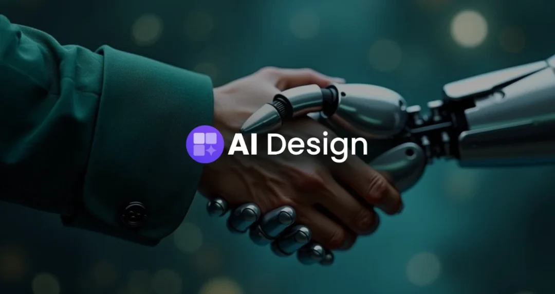 A human and robot hand shake in partnership, symbolizing collaboration in design, with "AI Design" text centered on a blurred teal background.