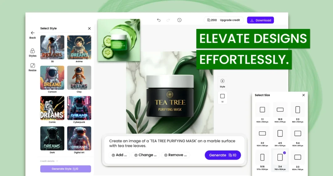 An AI design tool creates a tea tree mask ad with marble background, offering style presets, text-based edits, and size selection options.