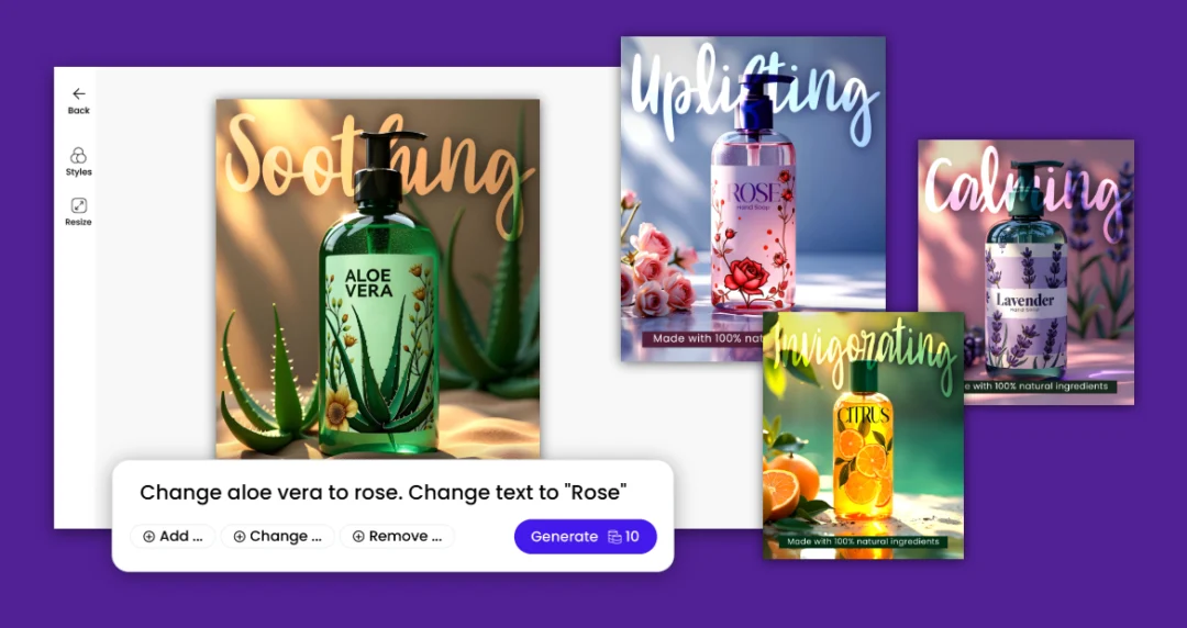  A set of vibrant hand soap ads with AI-generated edits, showing bottles labeled Aloe Vera, Rose, Lavender, and Citrus against colorful backdrops.