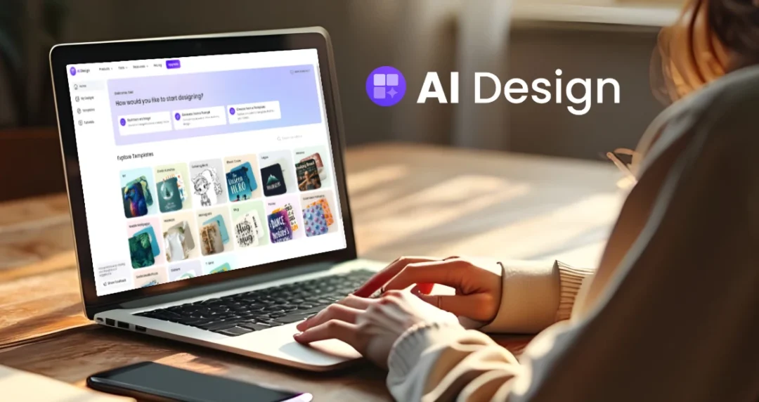 AI design platform shown on a laptop screen with a user browsing template options, seated at a wooden table in a sunlit room.