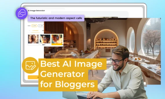 A modern and futuristic cafe setting featuring a graphical user interface on a computer screen. The scene includes a man, possibly a blogger, engaged with the technology in an indoor space. Text elements highlight it as the best AI image generator for bloggers.